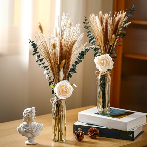 Qinyoung 10 Set Dried Pampas Grass Centerpiece for Wedding Baby Shower Party 10 Glass Flower Jars 10 Artificial Roses 80 Dried Pampas Grass with Rope for Rustic Bridal Farmhouse Decoration - Image 3