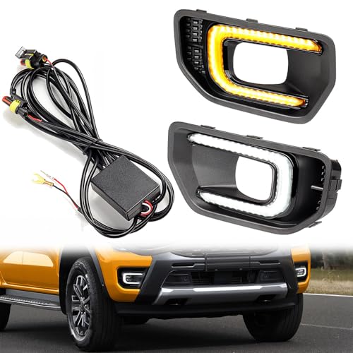 Compatible with 2022 2023 Ford Ranger 2X Amber/White LED DRL Daytime Running Light w/Turn Signal Flashing IP 67 + Wiring Harness Relay