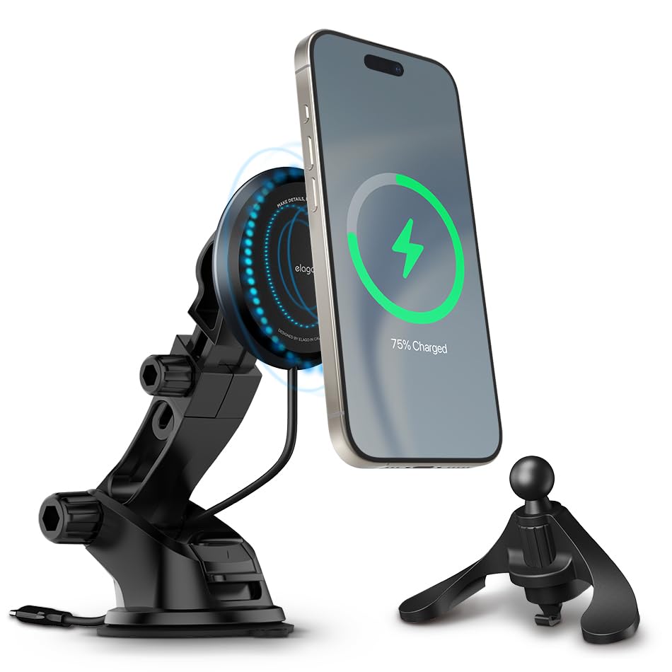elago Magnetic Car Charger Mount Compatible with MagSafe Compatible with iPhone 17, 16, 15, 14, 13, 12 Series and All Other Brand Wireless Charging