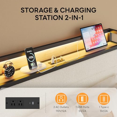 Image of LIKIMIO Full Bed Frame with Storage Headboard and LED Lights, Metal Platform Bed with Charging Station, Noise Free, No Box Spring Needed, Under Bed Storage, Natural and Cream