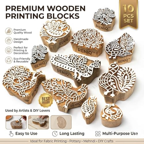 Image of RENIQ Wooden Printing Block for Fabric & DIY Craft | Handcrafted Indian Design Stamp for Textile, Pottery, Mehndi & Home Decor (Multicolor20)
