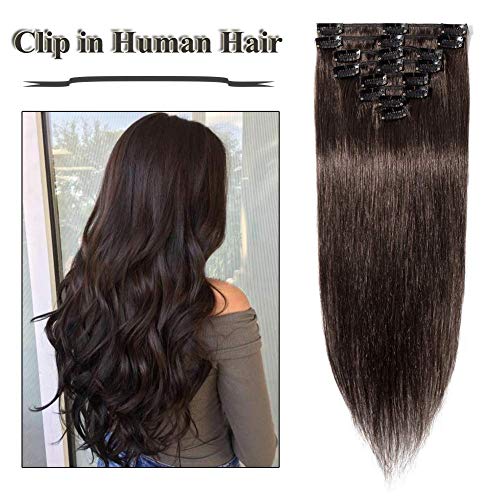 Clip in Hair Extensions Dark Brown 14-24 inch Remy Human Hair for Women 8pcs 18 Clips Full Head Soft Straight Hair(22"=75g #2)
