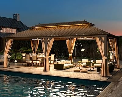 MELLCOM 12' x 24' Hardtop Gazebo,Galvanized Steel Metal Double Roof Aluminum Frame with Curtain and Netting,Brown Permanent Pavilion Gazebo with Aluminum Frame for Patios,Gardens,Lawns