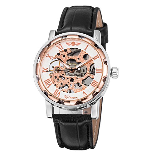 GuTe clásico negro Steampunk dorado mecánica esqueleto luminoso, reloj de pulsera