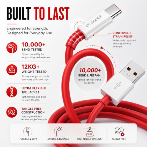 Image of coconut C1 USB to Type C Fast Charging Cable 65W, 1M Red, Dash /Warp /VOOC /SuperDart Support, USB C Cable for OnePlus, Realme, Oppo, Vivo, Android Fast Charger Data Sync Cable - 6 Months Warranty