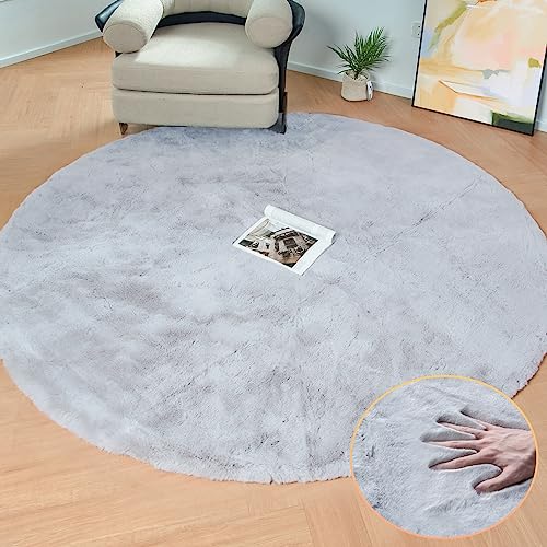 Washable Furry 5ft Round Area Rugs for Living Room Bedroom Light Grey Circle Faux Rabbit Shaggy Fur Rug Teen Room Décor