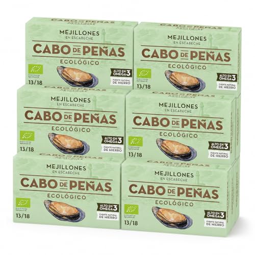 Pack 6 Mejillón en Escabeche Cabo de Peñas Bio 111 g, 13-18 piezas, 666 g total, con aceite de oliva virgen extra ecológico y vinagre de sidra natural, de las Rías Gallegas.