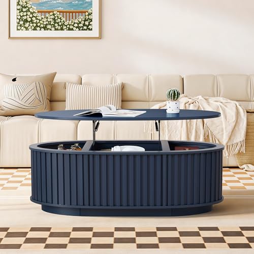Oval Coffee Table, 43.3'' Fluted Lift Top Coffee Table with Hidden Storage - image 3
