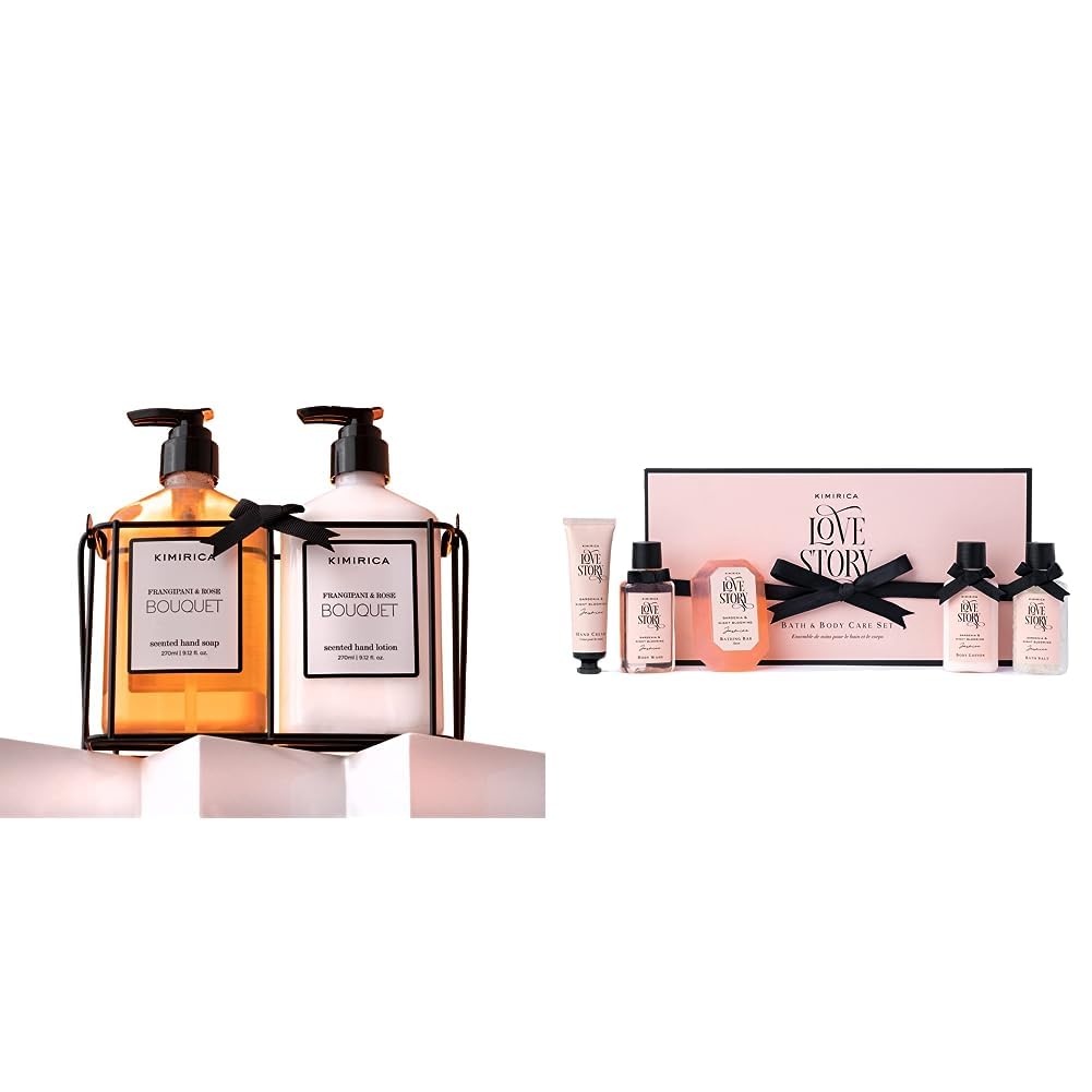 Kimirica Bouquet Hand wash Hand Lotion Duo set with Metal Caddy | Goodness of Frangipani and Rose (270ml x 2) & Kimirica Love Story Luxury Bath and Body Care Gift Set Box| Pack of 5 Combo-image-39