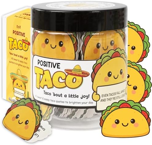 Positive Taco Jar – 60 Funny Emotional Uplifting Support Taco Affirmation, Back to School Gifts for Students, Teachers, White Elephant Gifts, Funny Gift for Boss,Coworkers, Friends, Self Care Gift