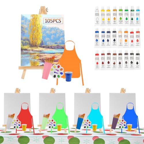 Rabbitale 105 Pcs Art Painting Kit Supplies Set for Kids to Party - 50 Paint Brushes, 24 Acrylic Paints, 5 Wood Easels & Canvas Panels & Palettes & Aprons & Wash Pen Cup, 1 Plastic Tablecloth