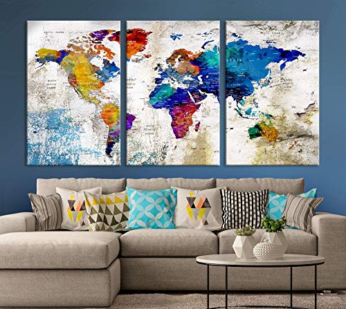 World Map Canvas Wall Art, Large Map of World Canvas Art Print for Home Decor Framed Push Pin World Map Travel Map Living Room Dining Room Home Office Decor Artwork Painting on Canvas (5)
