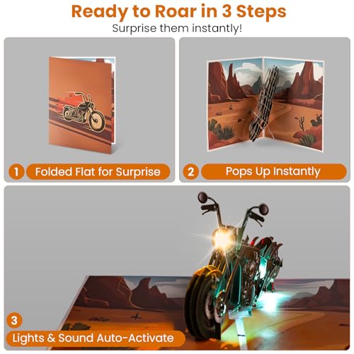 Image of Motorcycle Card for Men & Women, Pop Up Greeting Card with MUSIC & LIGHT for Birthday, Anniversary, Father's Day, Unique Motorcycle Gift for Him, Her, Dad, Son, Grandpa, Husband, Wife 7.9 x 5.9 Inch