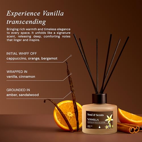 Image of Soul & Scents Glass 120ml Vanilla Reed Diffuser Set | Free 6 Fiber Reed Sticks | Stress Relief & Aromatherapy | Long-Lasting, Smoke-Free Air Freshener for Home, Bedroom & Office | Ideal for Gifting