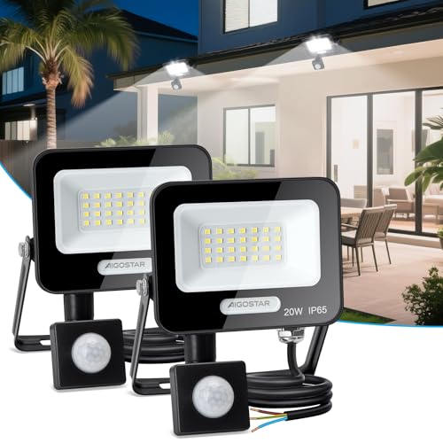 Aigostar- 20W Faretto Led da Esterno con Sensore di Movimento, Faro LED Esterno, 1650LM, Bianco Freddo 6500K, IP65 Impermeabile, Faretti LED per Giardino, Cortile, Patio, Garage, Confezione da 2