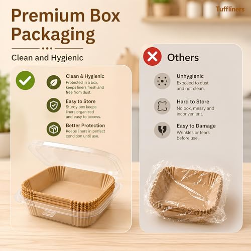 Image of Square Air Fryer Paper Liners 9 Inch, 100 Sheets, Silicone Coated, 100% Virgin Wood Pulp, Oil & Water Proof, Shape Retaining, Non-Stick Disposable Parchment Paper for 7.6-11.4L Air Fryers