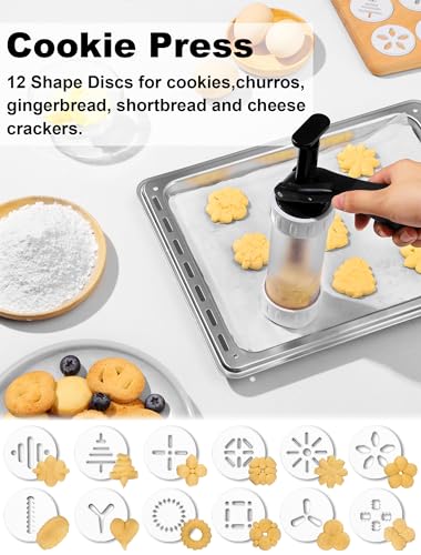 Image of Cookie Press Set, Churro Maker with 12 Discs and 10 Cake Decorating Tips, Cookie Press for Biscuit and Churro, White