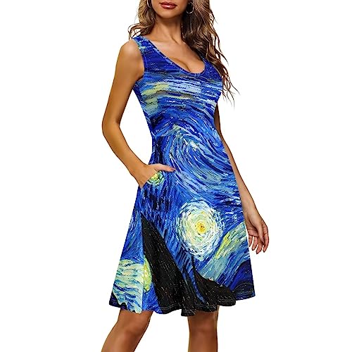 Image of Women Stylish Tank Dresses Sleeveless Round Neck Midi Casual Dress with Pocket for Summer