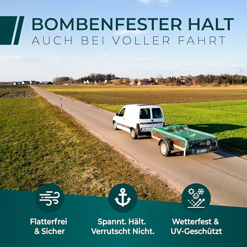 Anhängernetz 1,5x2,2M [DEKRA Geprüft] - Ladungssicherungsnetz mit Gummiseil & Eckenmarkierung - Abdecknetz für Anhänger, Reißfest