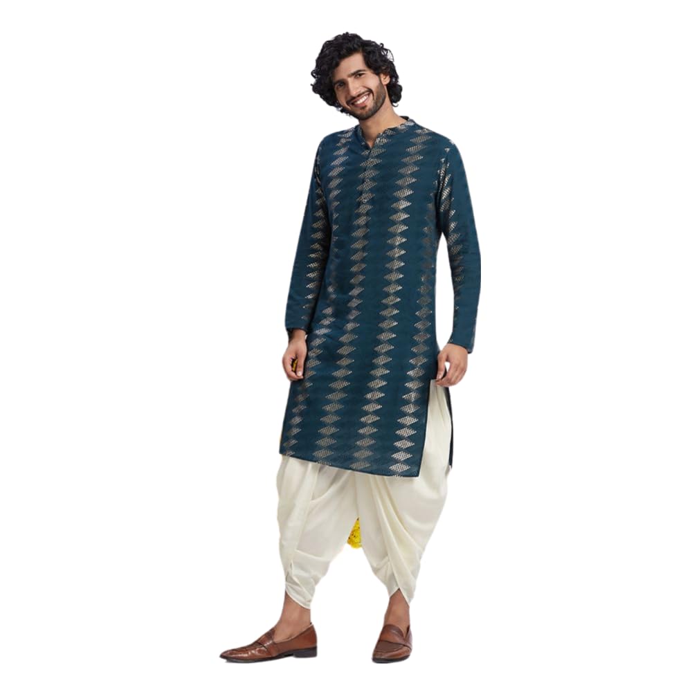 Kisah Men's Kurta, Turquoise Blue Cotton, Geometric Regular Fit Mandarin Collar Long Sleeves (M)