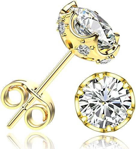 NEOSHOW 18K White Gold Plated Round Cubic Zirconia Simulated Diamond Stud Earrings Solid Sterling Silver Post 6 Prong Sparkly CZ Studs Earrings for Women Men (6MM, Yellow Gold)