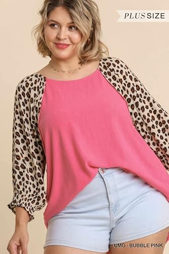 Umgee Usa Women's Leopard Sleeve Frayed Hem Tunic Top (Xl, Bubble Pink) #TOP1
