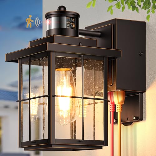 Image of Gleamz Motion Sensor Front Porch Light with Outlet, Oil Rubbed Bronze Outdoor Light with GFCI Outlet, Exterior Sconce Light with Adjust Sensitivity, Garage Lights Wall Lantern for Coach, Balcony, Home