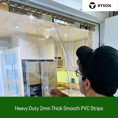 Image of Byson PVC Strip Curtain Door Kit 8 x 8 Feet (2.4 x 2.4 Meters) Coldroom Warehouse Catering Vinyl Ribbed Plastic Curtain Kit with 16 Strips (2mm Thick and 200mm Wide)