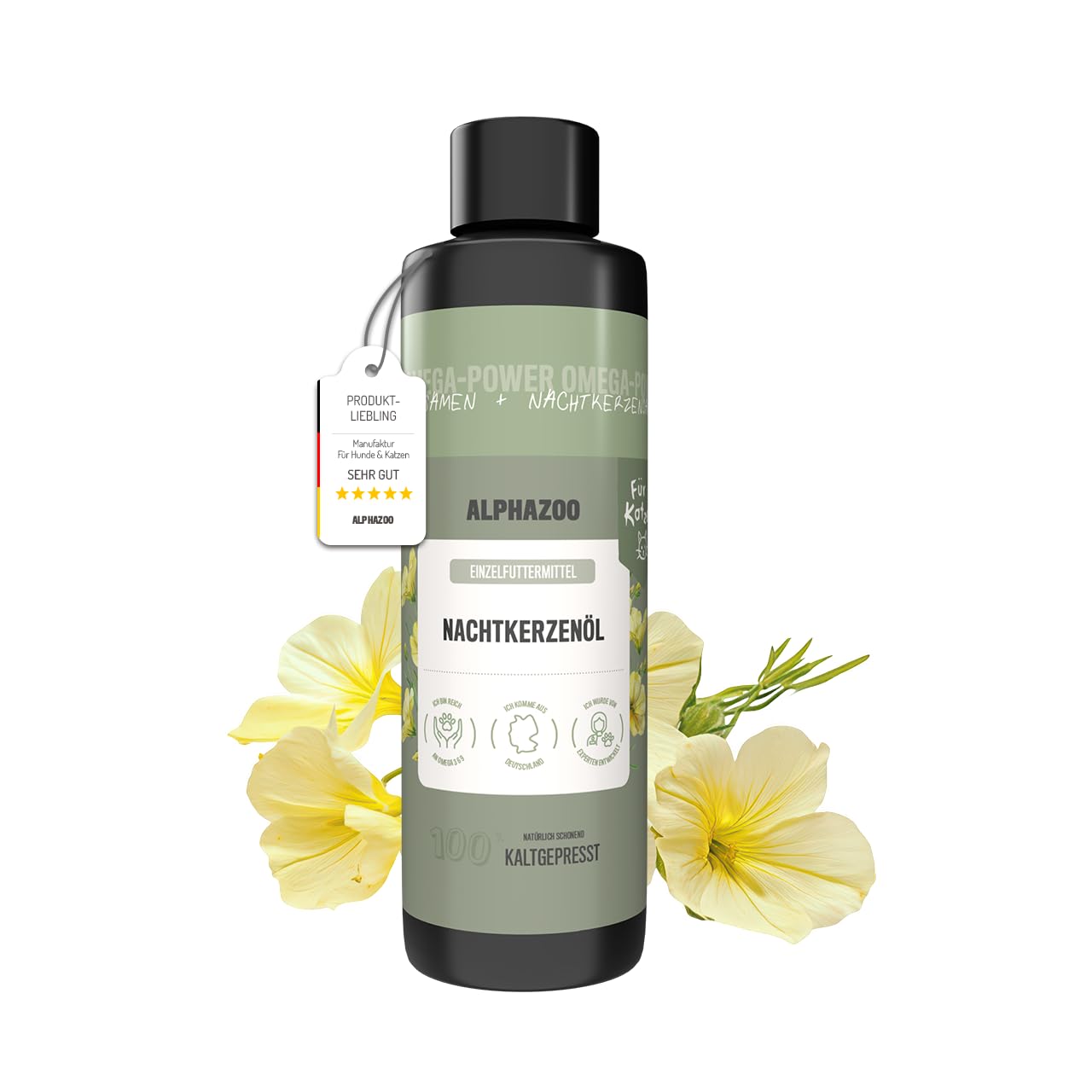 alphazoo Nachtkerzenöl für Katzen 250ml - Ergänzungsfuttermittel für Katzen. Unterstützt Fell und Haut. Reich an Gamma-Linolensäure (Omega-6). Kaltgepresst. Ideal fürs Barfen