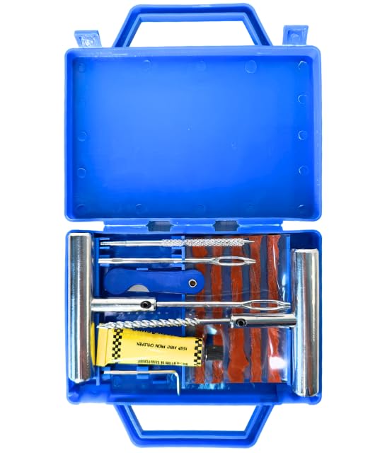 Kit Reparo de Pneus 12 Peças c/Maleta – Maleta Azul Portátil, Macarrão, Escariador, Aplicador, Estilete e Cola – Carro, Moto, Bike – Remendo Sem Câmara