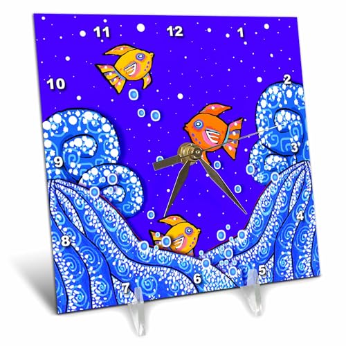 3dRose dc_37492_1 Folk Art, Painting, Whimsical Fish, Ocean Waves, Seascape Desk Clock, 6 by 6-Inch