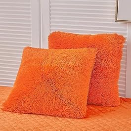 LIFEREVO 2 Pack Fluffy Faux Fur Pillow Shams,18 x 18 Inches Throw Pillow Covers,Luxury Decorative Furry Pillowcases Cushion Cover for Christmas,Zipper Closure,No Pillow Insert,Orange