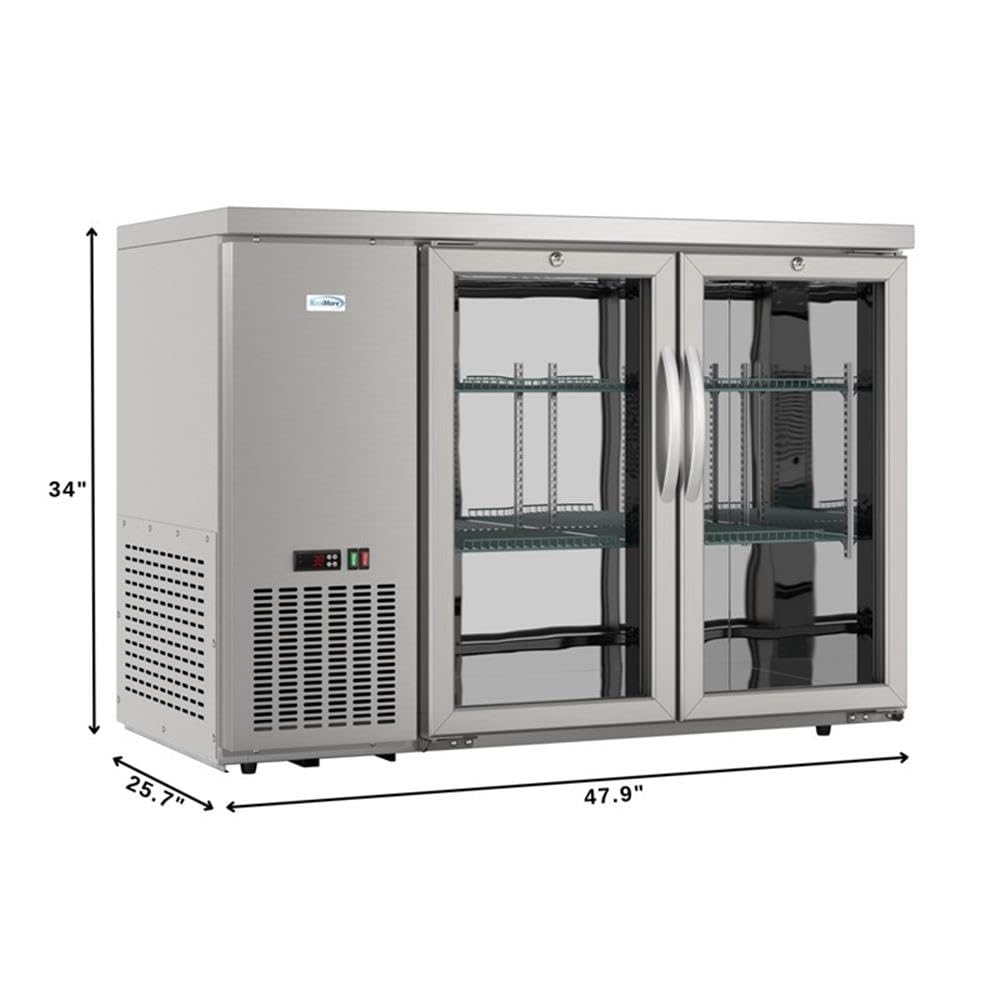 Pemberly Row 47-Inch Back Bar Cooler Refrigerator, 11 Cu. Ft., Stainless Steel, Two Glass Swing Doors, Adjustable Shelves, Digital Temperature Control, Freestanding Commercial Beverage Storage For on Fridge.com - View 4