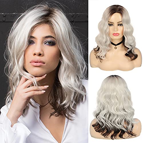 Baruisi Women's Ombre Brown Blonde Wig Medium Long Natural Wavy Side Part Synthetic Daily Party Cosplay Hair Wig
