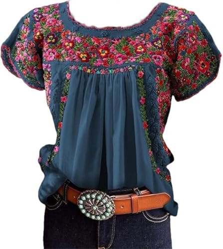 Embroidered Tops for Women Ethnic Pleated Loose Fit Mexican Blouses Summer Short Sleeve Crew Neck Peasant Shirts Dusty Blue