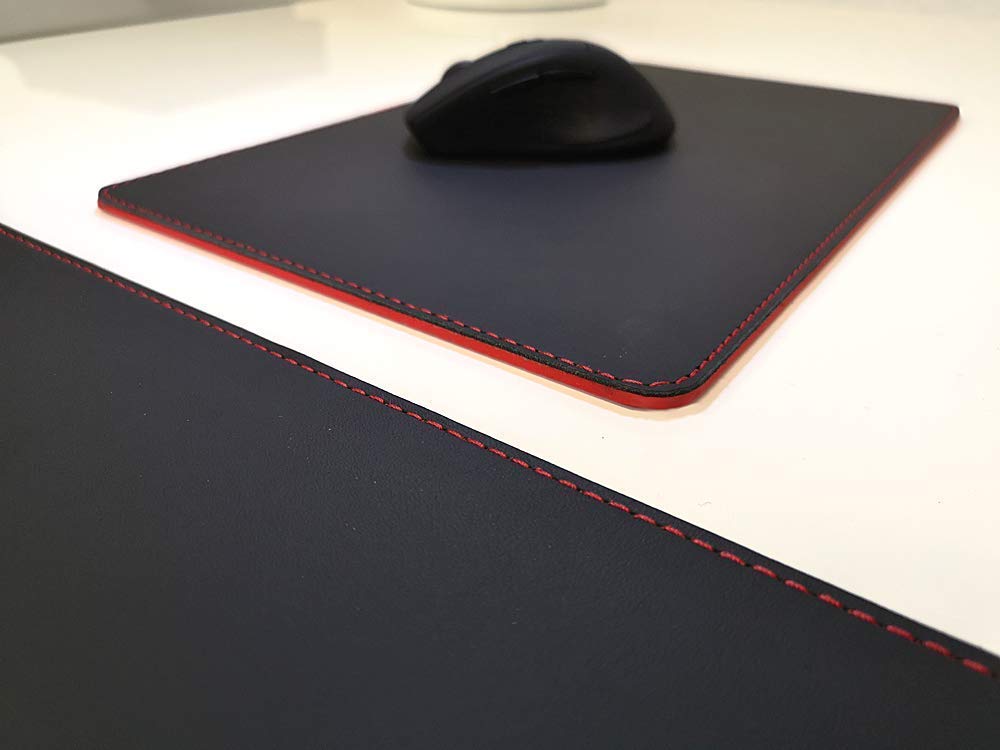 Gewinkelte Schreibtischunterlage mit Kantenschutz Echt Leder Schwarz mit roten Absatz 60 x 38cm Echt Rindsleder glatt ohne Mousepad