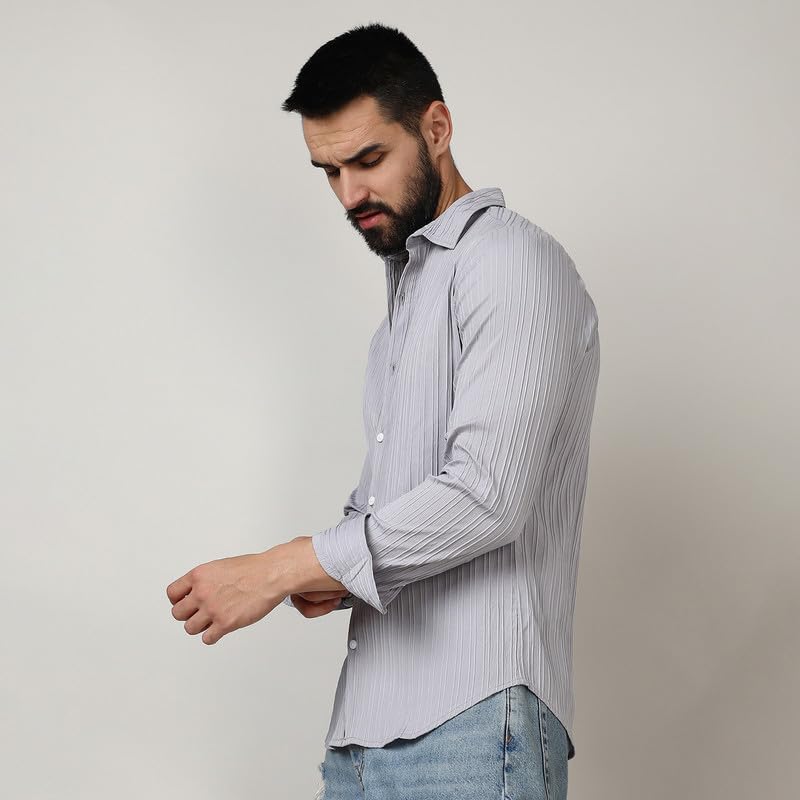 Image of CAHOOT Men's Self-Design Striped Shirt for Casual Wear | Spread Collar | Long Sleeve | Button Closure | Shirt Crafted with Comfort Fit for Everyday Wear