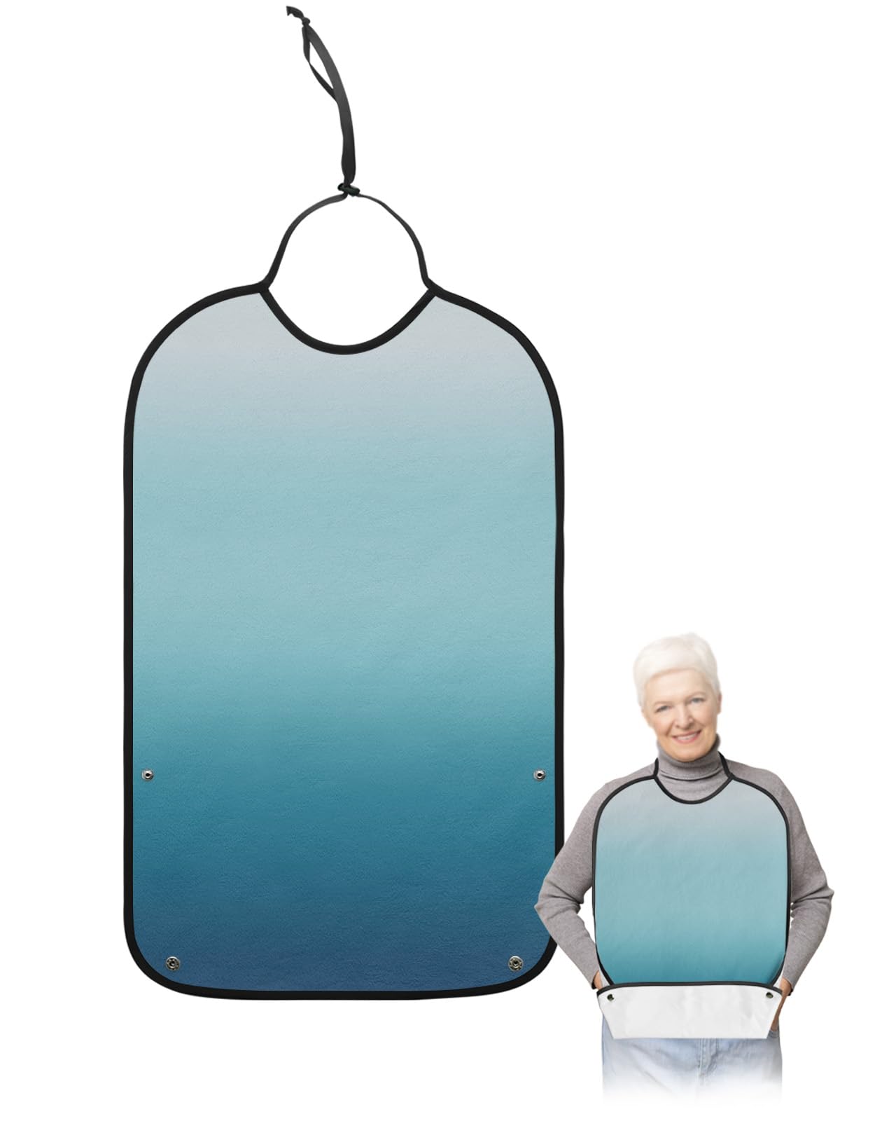 Navy Blue Ombre Adult Bibs for Eating, Waterproof Bibs with Food Catcher & Adjustable Snap Closure, Teal White Gradient Modern Abstract Art Clothing Protectors Adult Bibs for Elderly Women/Men