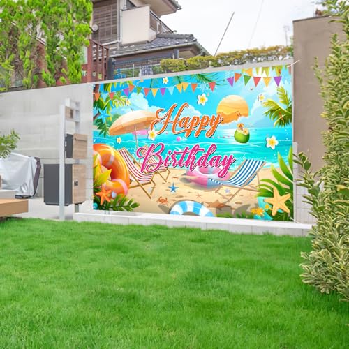 Image of Summer Happy Birthday Banner Decorations, Backdrop Decor Supplies, Happy Sign for Backdrop, Large Beach Theme Birthday Banners Supplies Suitable for Any Lively Theme Party Event