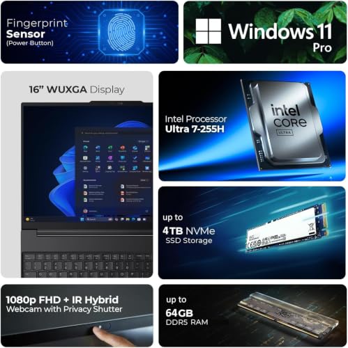 Image of Lenovo ThinkPad E16 Laptop Computer with Intel Ultra 7 255H, for Home Office Business, Lifetime Office 365, (64GB DDR5, 1TB SSD), Backlit Keyboard, Fingerprint Reader, Windows 11 Pro, Midnight Black