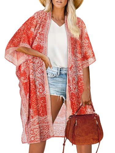 Kimono für Damen Sommer Strickjacken Open Front Badeanzug Cover Up Hawaiian Beach Shirts(Braunrot,S)