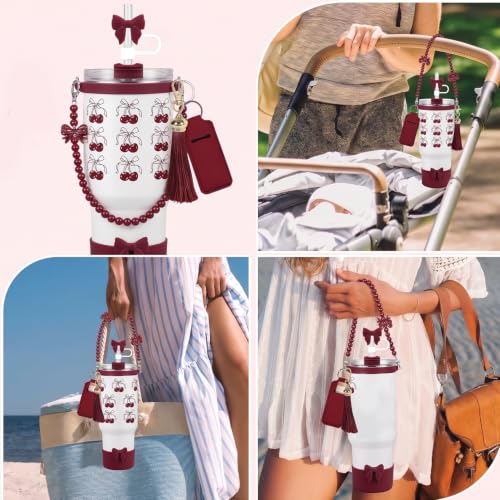 Image of House of Quirk 6 Accessories Set Silicone Straw Cover, Cup Boot, Handle Chain, Handle Strap, Sticker 40oz & 30oz Tumbler (Bow Maroon, Tumbler Not Included)