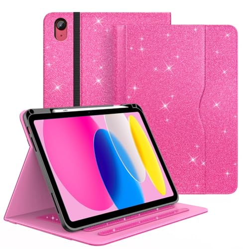 Zonefoker Case for iPad 11 inch (A16) 2025, for 10th Generation 10.9'' 2022, Leather iPad 11th/ 10th Gen Protective Cover with Auto Sleep/Wake, Pencil Holder, Pocket Desige for Women Men, Glitter Pink