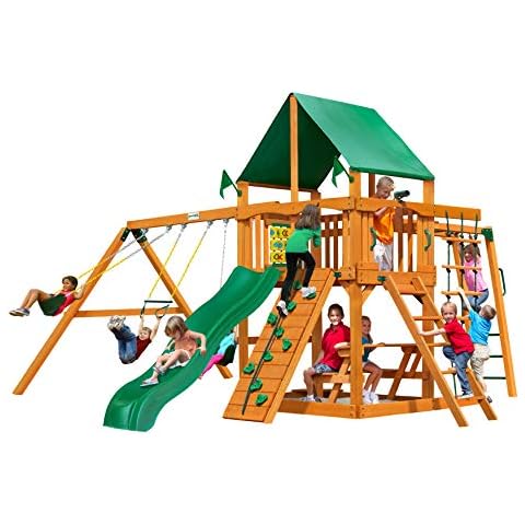 Gorilla Playsets 01-0020-AP-1 Navigator Wooden Swing Set with Deluxe Green Vinyl Canopy, Monkey Bars, Swings, and Slide, Brown Cover