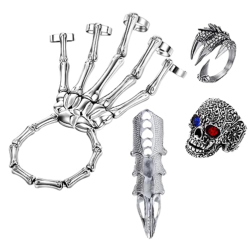 Image of LAKIYOYO 4pcs Halloween Skull Skeleton Hand Bracelet with Ring Punk Wristband Skull Fingers Hand Bracelet Skeleton Ring Hallowmas Gifts Jewelry