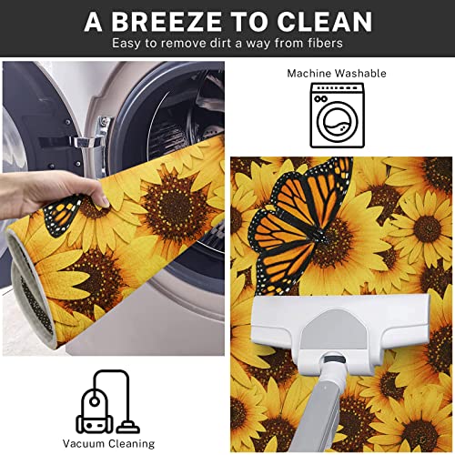 Tayney Kitchen Rugs And Mats Non Skid Washable Set Of 2, Yellow Butterfly Sunflowers Blossom Kitchen Mats For Floor, Vintage Floral Bouquet Flower Bloom Under Sink Mats For Kitchen Waterproof #TOP5