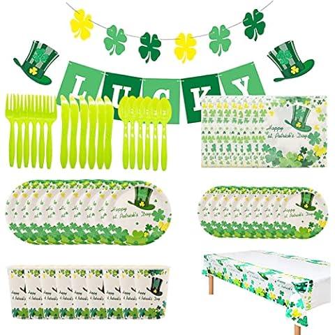 JOERRES 16 Guests Set St Patricks Day Party Tableware Set, Paper Plates Napkins Cups, Irish Green Shamrock Dinnerware Set Party Supplies, St. Patrick’s Day Themed Tableware Cover