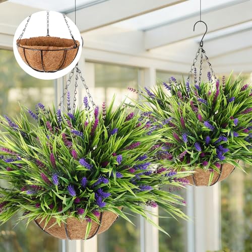 Hotop 2 Pack Outdoor Artificial Lavender Hanging Flowers with Basket 16 Bundles UV Resistant Lavender in Coconut Liner Pot Spring Decor for Porch Patio Balcony Home Garden Decor(Light Purple,Purple)