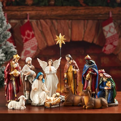 BESBLEE Nativity Sets for Christmas Indoor Set of 13 Pieces 7.9 Inches Tabletop Holidays Decor Nativity Scene Resin Figurines Set Religious Decorations Collection Gifts