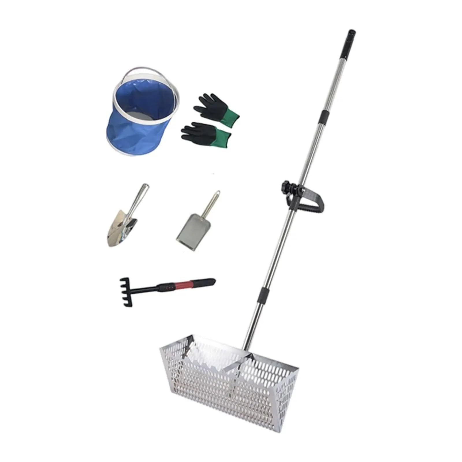 Rastrillo per pulci di sabbia Rastrello for sabbia, setaccio a cestello largo, nessuna flessione, facile da pulire, setacciatura con manico telescopico grande(Silver)